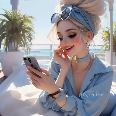 AI Video from prompt: Улыбается, опускает глаза и читает смс в телефон