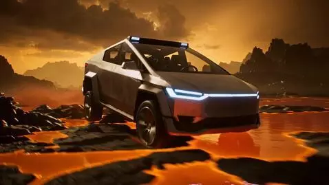 AI Video from prompt: The Cybertruck races across the surface of Venus