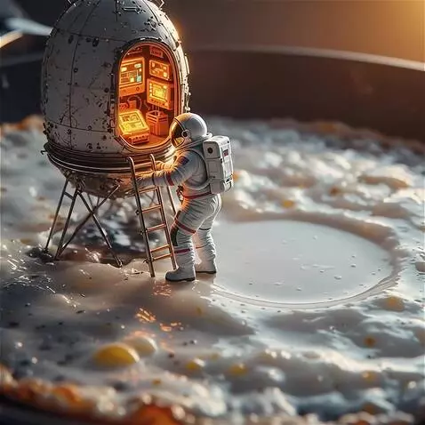 AI Video from prompt: Sound of frying egg. Astronaut very slowly land 