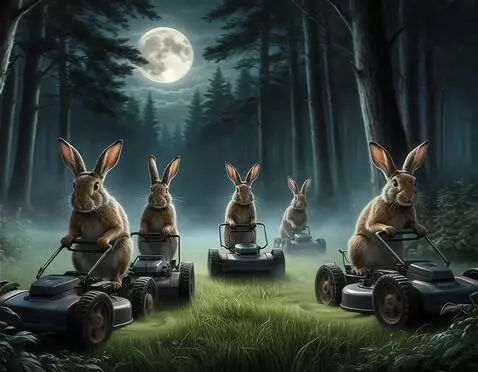 AI Video from prompt: зайцы толкают вперёд газонокосилки и срезают тра
