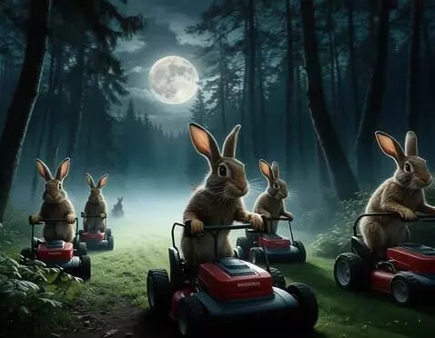 AI Video from prompt: зайцы толкают вперёд газонокосилки и срезают тра