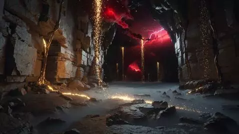 AI Video from prompt: “16:9 • deep cosmic cavern illuminated by crimso