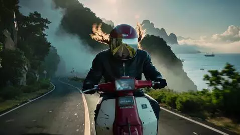 AI Video from prompt: A lone rider on a battered red Honda Cub tearing