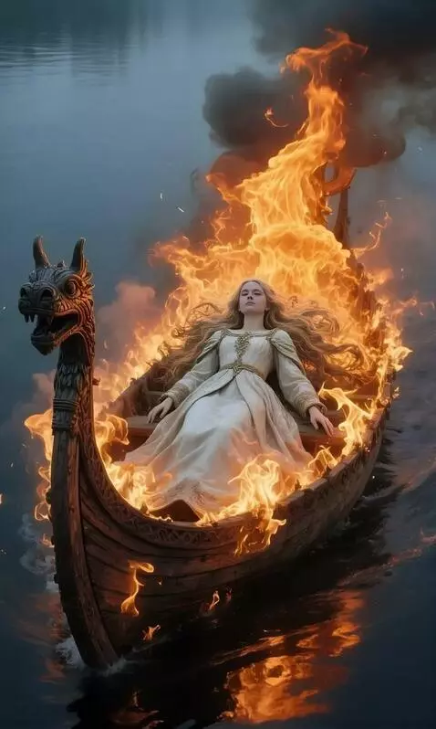 AI Video from prompt: The fire engulfs the funeral boat with the body 