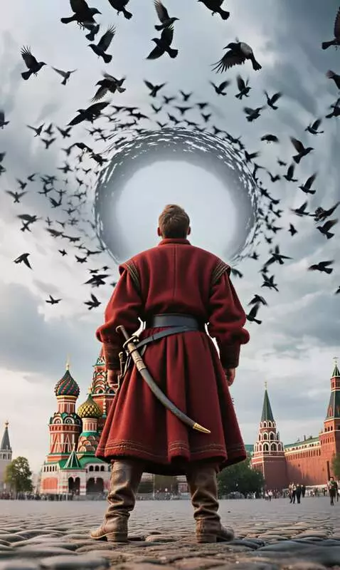 AI Video from prompt: A man stands on the square and watches as a floc