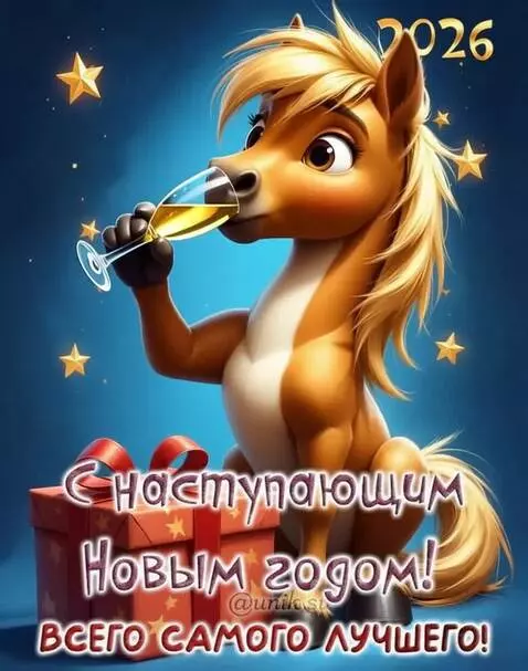 AI Video from prompt: Лошадь пьет шампанское и дарит подарки