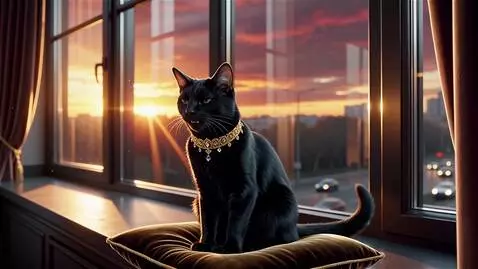 AI Video from prompt: (Кот в дорогом ошейнике, отстранённо смотрит в о