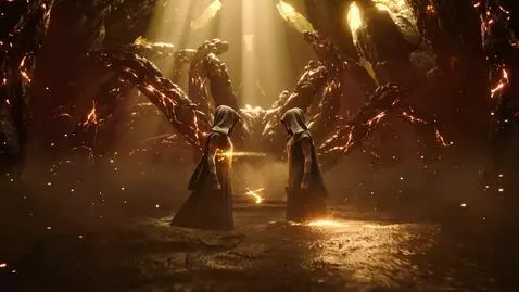 AI Video from prompt: 16:9 Renaissance-mythic realism. Crimson shadows