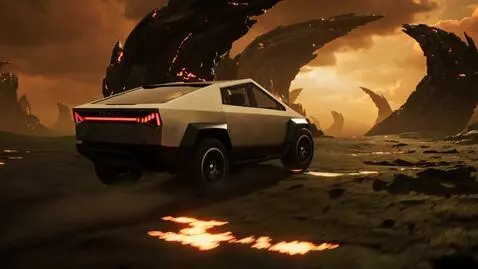 AI Video from prompt: The Cybertruck car is racing at high speed, skid