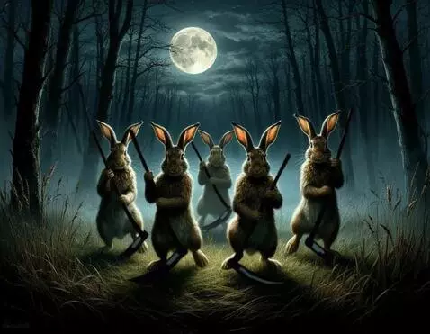 AI Video from prompt: зайцы активно косят косами траву вокруг себя