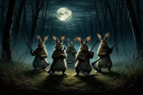 AI Video from prompt: зайцы активно косят косами траву вокруг себя