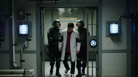 AI Video from prompt: Three Alliance soldiers forcefully lead Gordon F