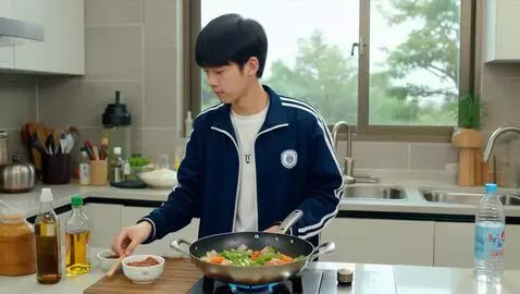 AI Video from prompt: A student cooking dishes ① Please place your pho