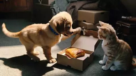 AI Video from prompt: Хорошо спрятанная котлета.  Щенок пришел к котен