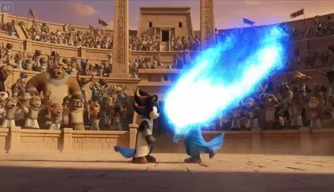 AI Video from prompt: 2 nhân vật đồng thời gồng mình hét lớp, lập tức 