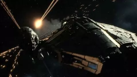 AI Video from prompt: The spaceship skillfully maneuvers, evading the 