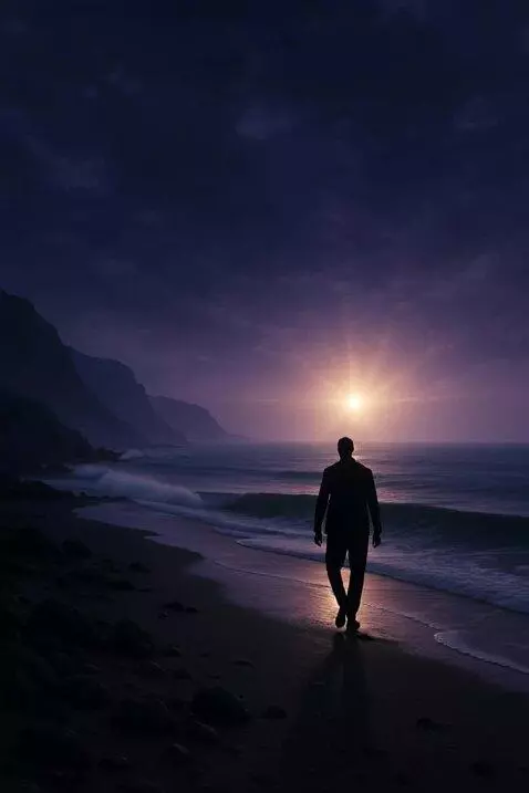 AI Video from prompt: **«Закатное побережье в глубоких фиолетово-синих