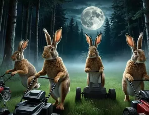 AI Video from prompt: зайцы активно толкают вперёд газонокосилки и сре
