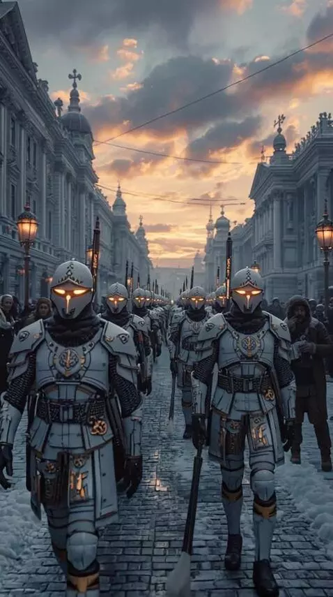 AI Video from prompt: Soldiers walk down the street, people are scared