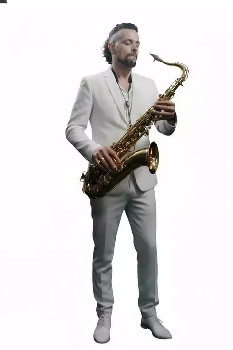 AI Video from prompt: The saxophonist energetically plays a solo part 