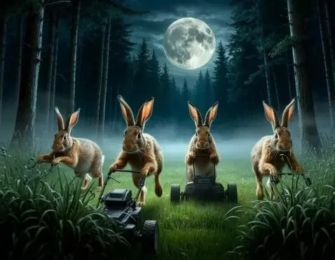 AI Video from prompt: зайцы активно толкают вперёд газонокосилки и сре