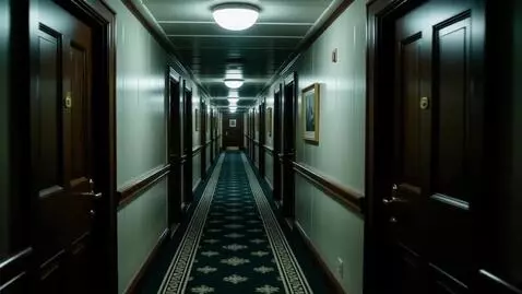 AI Video from prompt: Camera explores a dark errie RMS queen mary hall