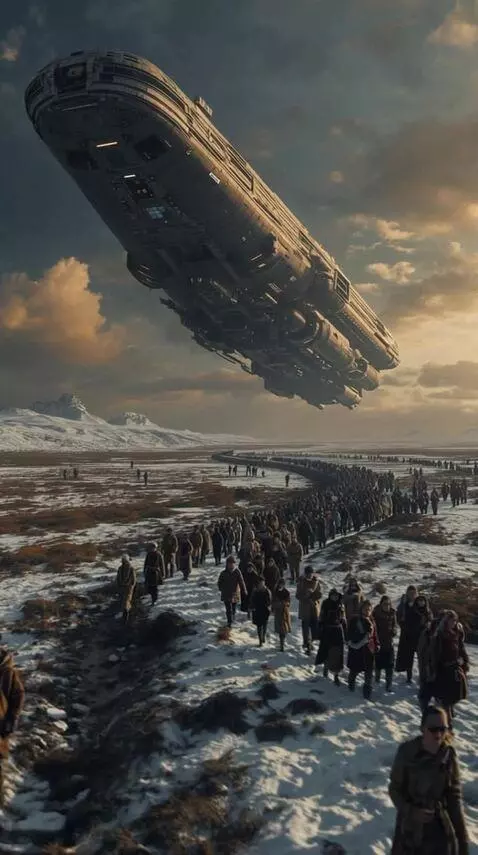 AI Video from prompt: A crowd of people walks across a snowy wasteland