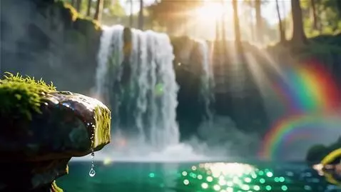 AI Video from prompt: A mystical waterfall cascades into an emerald po