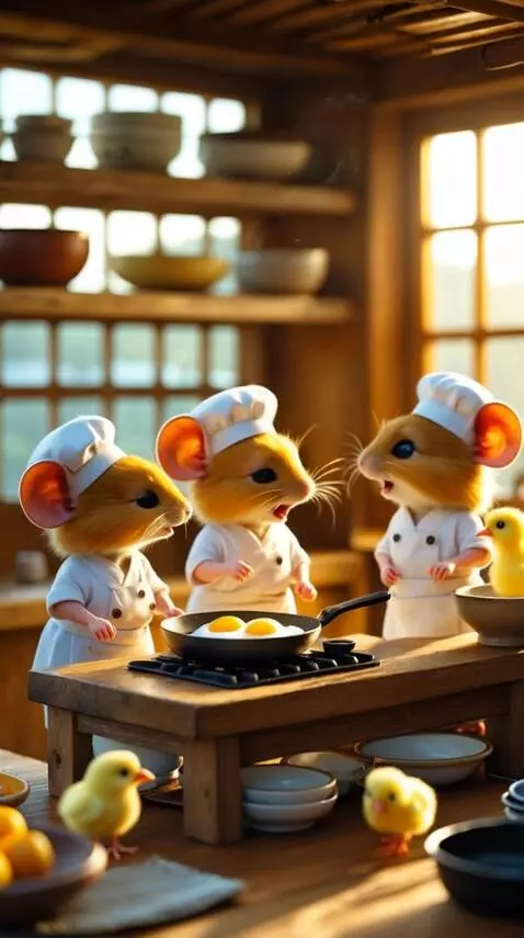 AI Video from prompt: Три мышки в поварских колпаках готовят яичницу н
