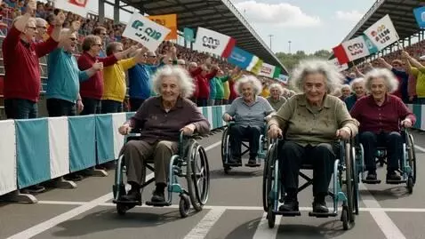 AI Video from prompt: several decrepit old ladies in wheelchairs, rush