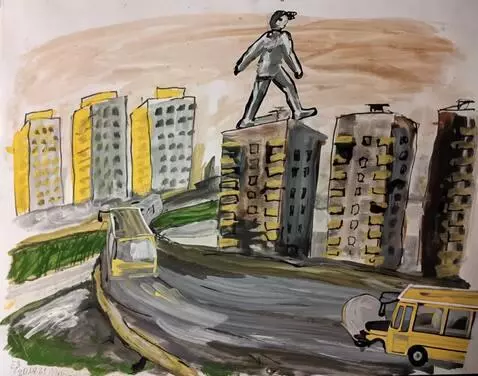 AI Video from prompt: Фигура выходит и-за домов