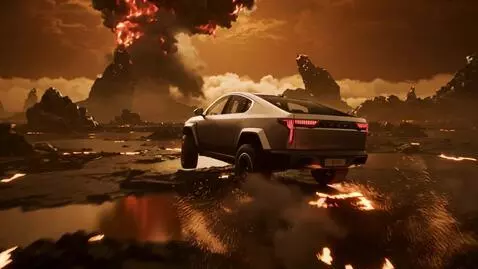 AI Video from prompt: The Cybertruck car is racing at high speed, skid