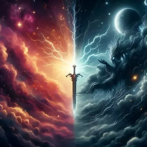 AI Video from prompt: The ancient sword rotates in the center, splitti