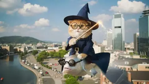 AI Video from prompt: смешной кот в мантии чародея летит верхом на рыб