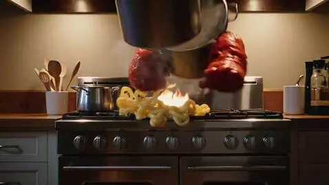 AI Video from prompt: из кастрюли вылазят макароны и превращаются в ог