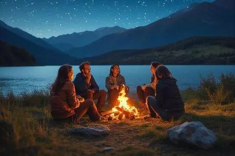 AI Video from prompt: 3 women 2 men sitting around a fire talking and 