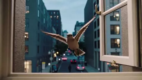 AI Video from prompt: A bird flying over a city street through a windo
