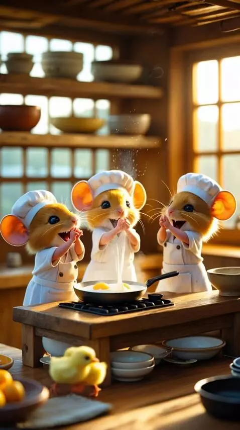 AI Video from prompt: Мышки-повара помешивают яичницу, а цыплята бегаю