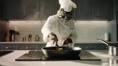 AI Video from prompt: 4K kitchen studio scene: a humanoid dark-striped