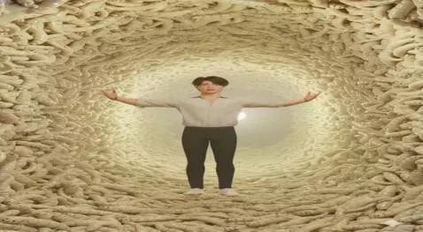 AI Video from prompt: Jinu stands facing the camera inside a cave made