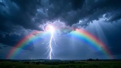 AI Video from prompt: A bright beautiful rainbow beams through dark th