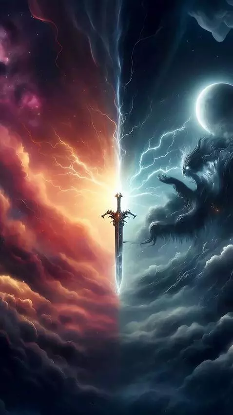 AI Video from prompt: The ancient sword splits space into two parts: t