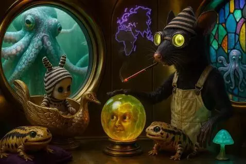 AI Video from prompt: The rat touches the globe,  the face inside look