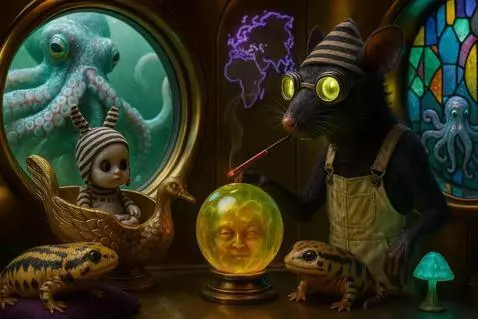 AI Video from prompt: The rat touches the globe, the ghostly face insi