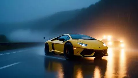 AI Video from prompt: Жёлтый Lamborghini несется по мокрой горной доро
