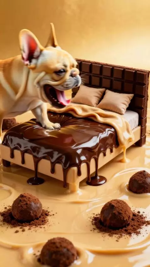 AI Video from prompt: Французский бульдог, зевая, забирается на мягкую