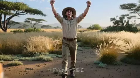 AI Video from prompt: A young man walking through the savannah early i