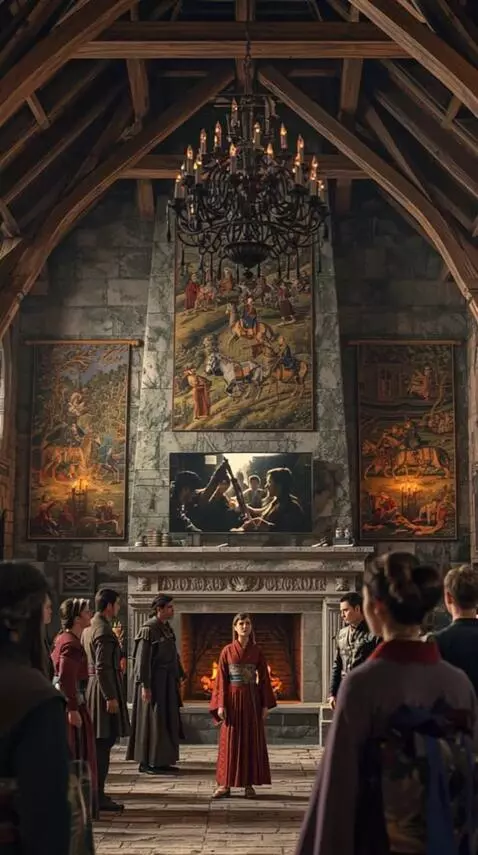 AI Video from prompt: In a grand, wood-beamed hall, a group of people 