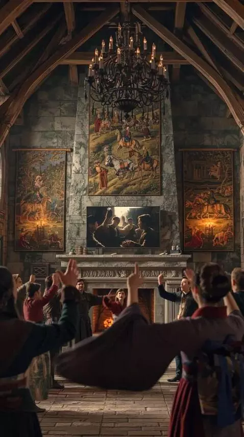 AI Video from prompt: In a large, wooden-beamed room, a group of peopl