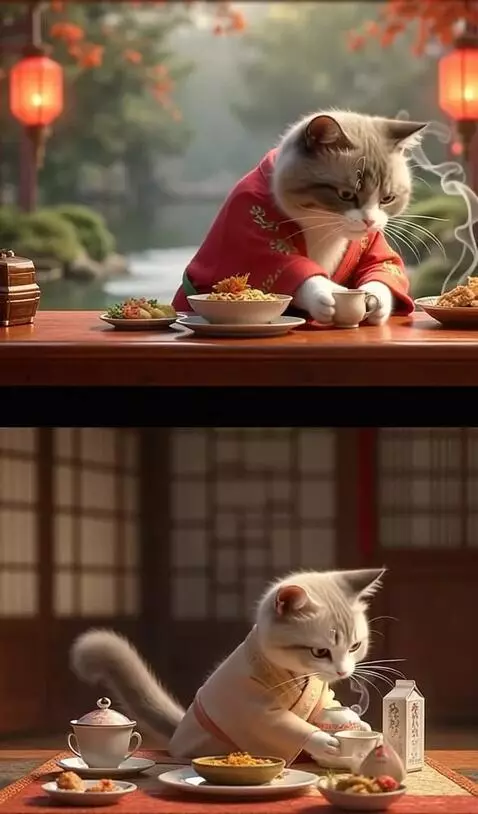 AI Video from prompt: коты едят свою еду и пьют свою воду